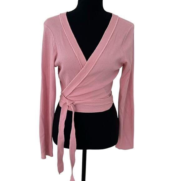 Zara Pink Ribbed Lightweight V-Neck Wrap Crop Top - Long Sleeve - XL - Picture 1 of 6